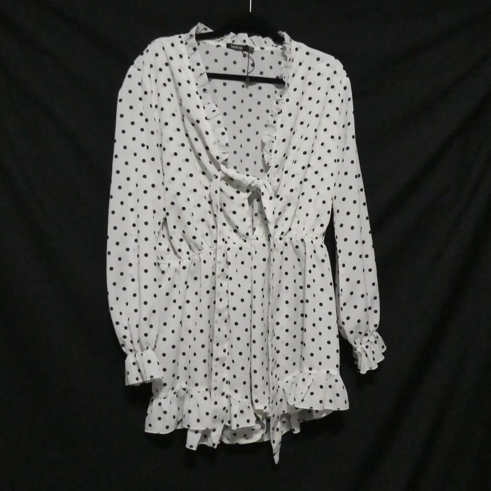 BOOHOO | size 16 | Black and White PolkaDot Romper | Tie Front